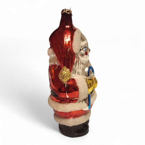 Vintage Blown Glass Santa Ornament Christmas 5.5 Tall, Hand Painted, Blue Cane - Picture 2 of 8